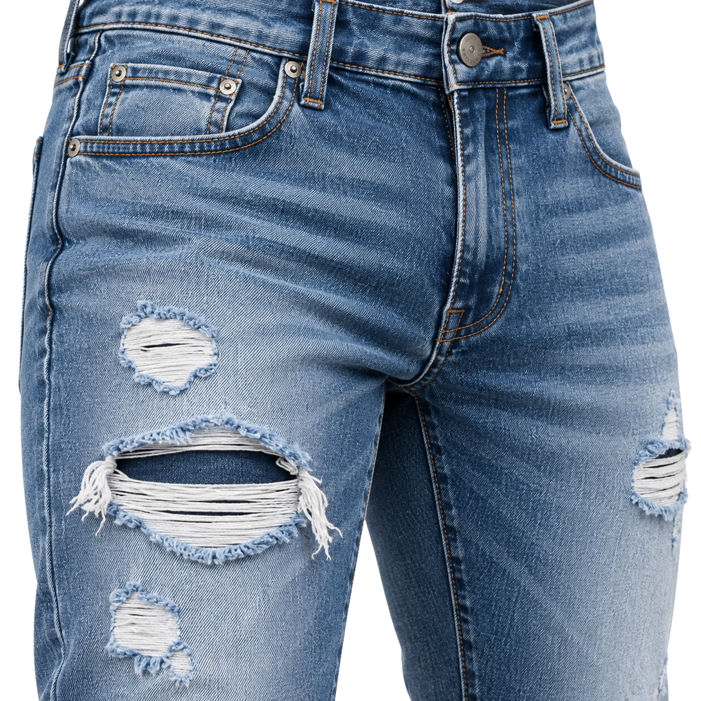 Premium Distressed Slim-Fit Denim Jeans – Mid Blue | Kolldruns