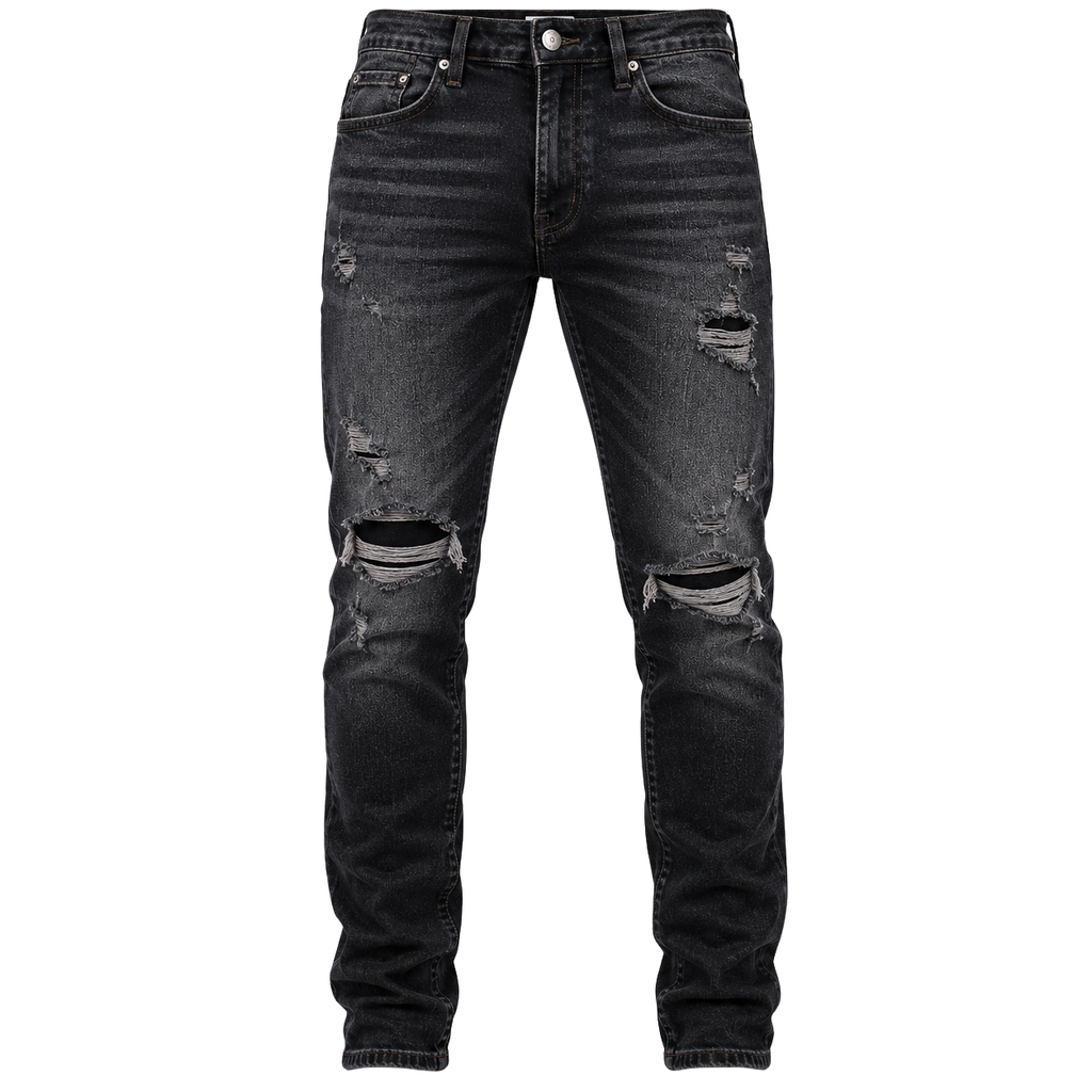 Premium Distressed Slim-Fit Denim Jeans – Washed Black | Kolldruns
