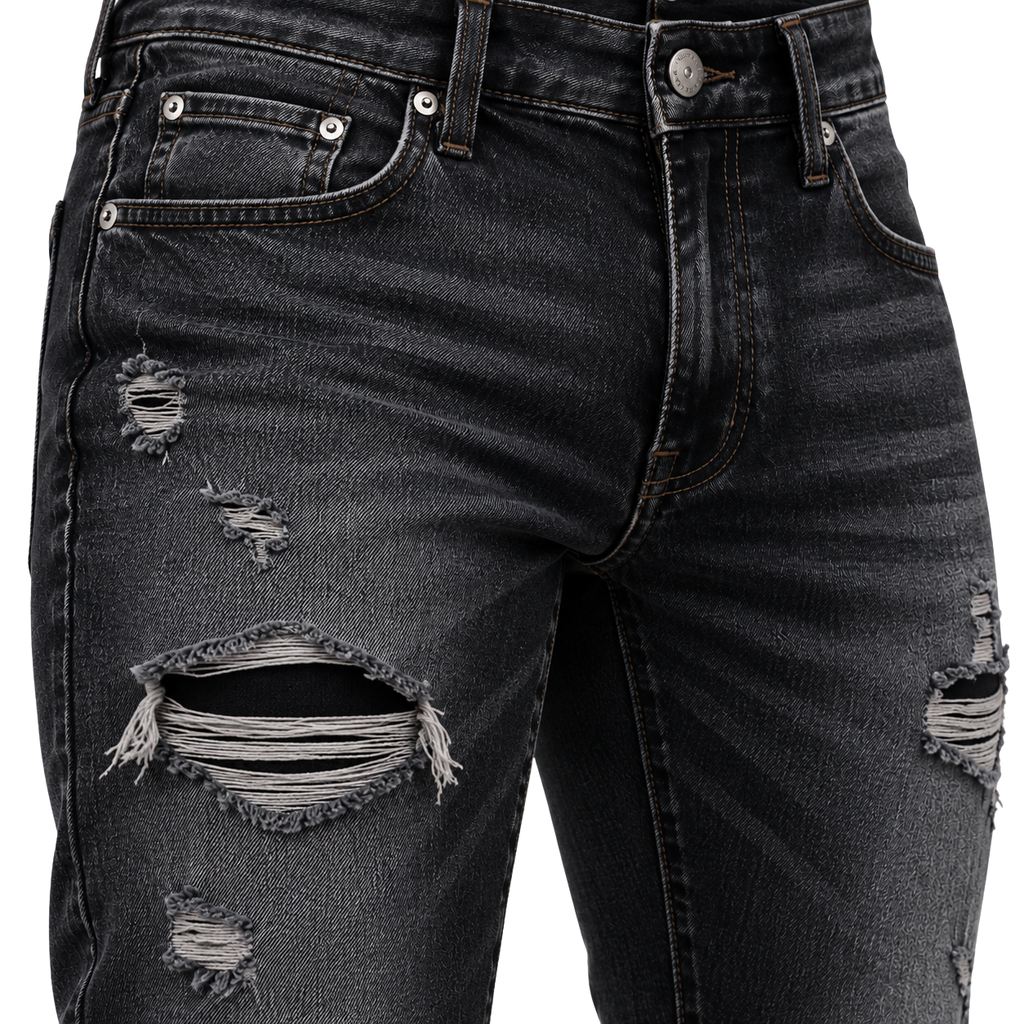 Premium Distressed Slim-Fit Denim Jeans – Washed Black | Kolldruns