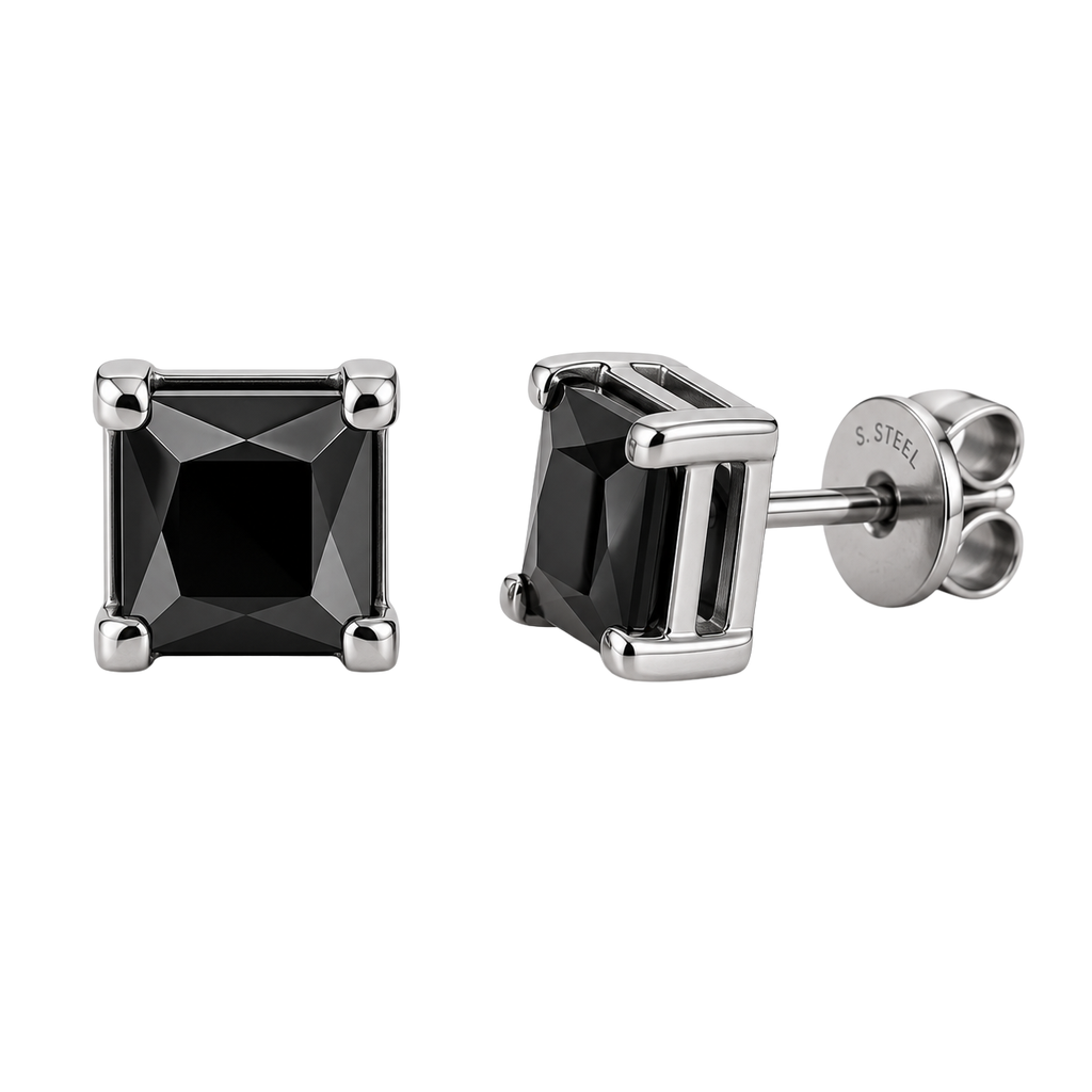 Stainless Steel Black Stone Stud Earrings – Silver | Kolldruns