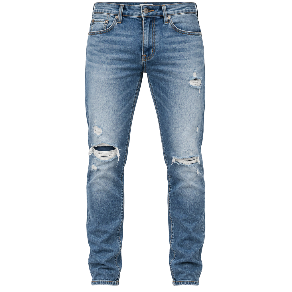 Premium Distressed Slim-Fit Denim Jeans – Mid Blue | Kolldruns